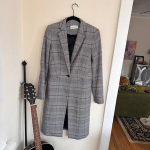 Calvin Klein Glen Plaid Houndstooth Longline Coat Single Button Black White S
